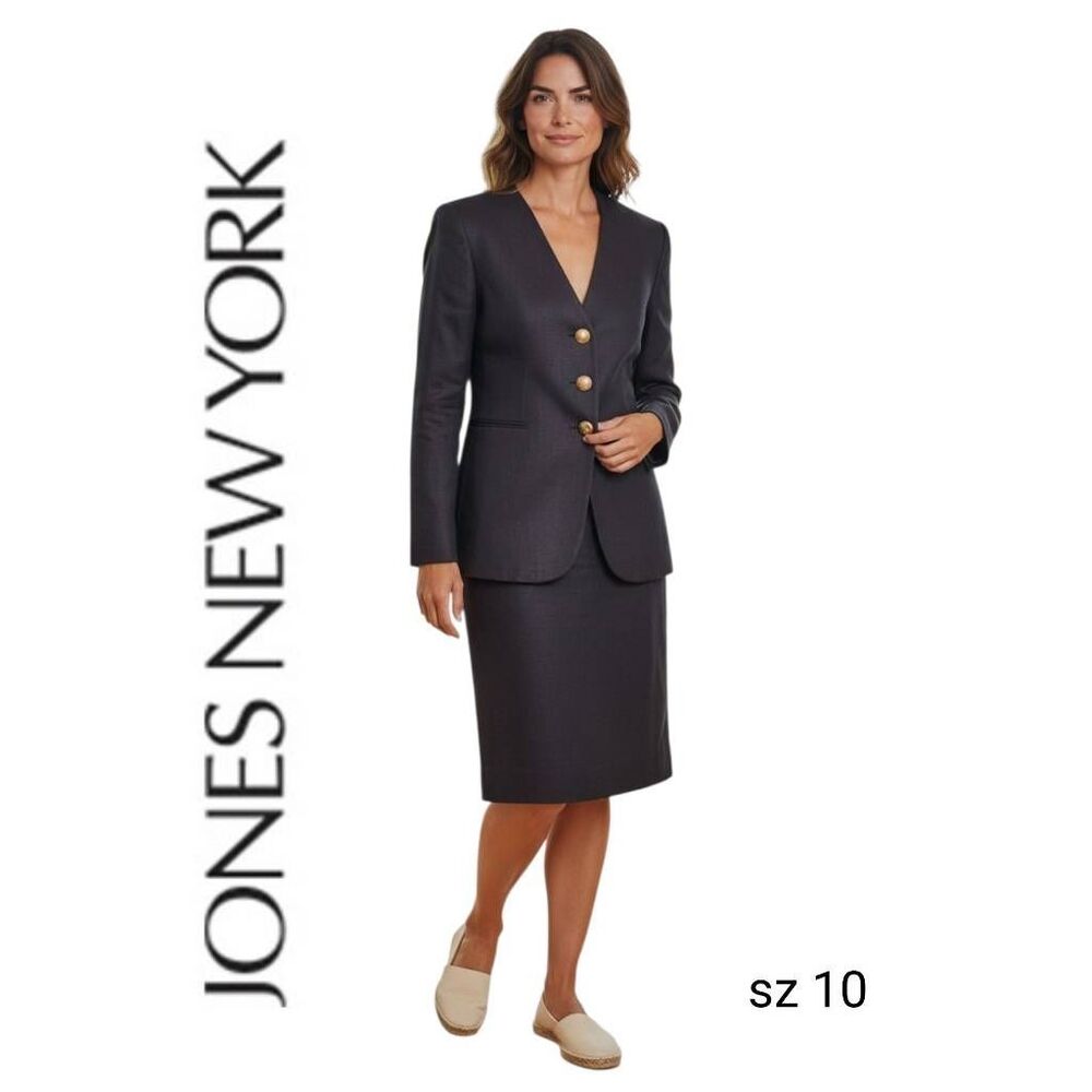 Jones New York Navy Skirt Suit with Gold Buttons